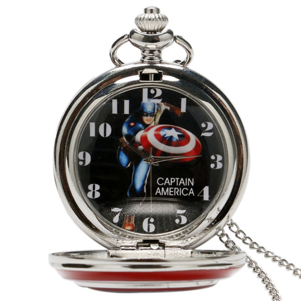 Captain America Shield Polished Silver Finish Retro/Vintage Case Men's Quartz Pocket Watch Necklace - On 32" Inch / 80cm Chain