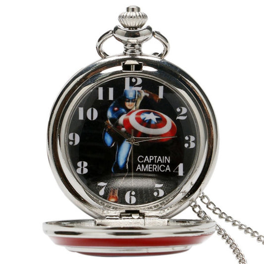 Captain America Shield Polished Silver Finish Retro/Vintage Case Men's Quartz Pocket Watch Necklace - On 32" Inch / 80cm Chain