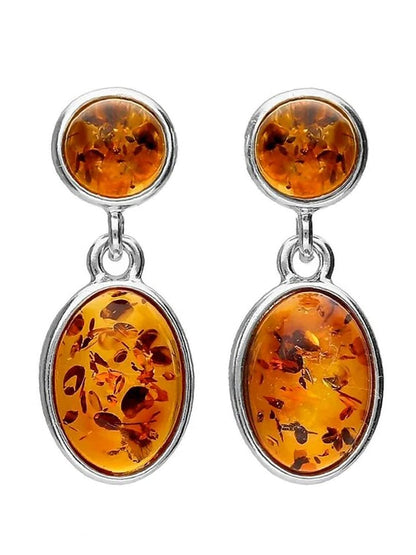 Circle & Oval Cabochon Cut Baltic Honey Amber Sterling Silver Earrings for Women/Girls - Elegant Dangly/Dangle Drop Stud Earrings - Amber Jewellery. 080345C