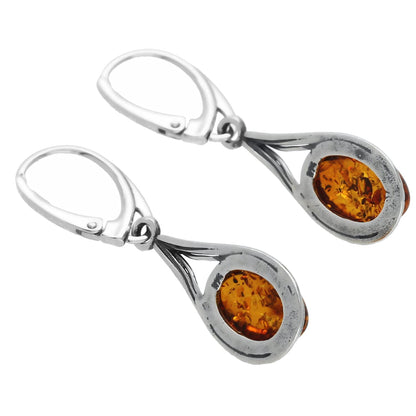 Teardrop Cabochon Cut Baltic Honey Amber Lever Back Sterling Silver Earrings for Women/Girls - Dangly/Dangle Drop Earrings - Amber Jewellery. 070403