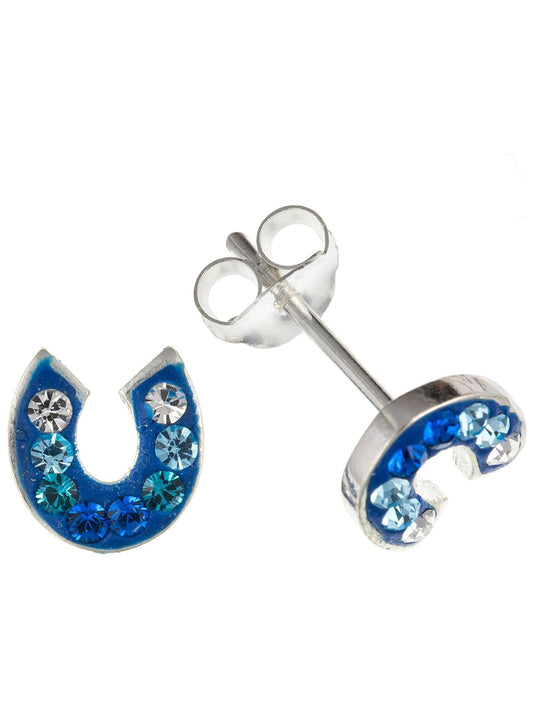 Blue Crystal Horseshoe Stud Earrings/Ear Studs for Girls Child Children - 925 Sterling Silver - Earrings for Children