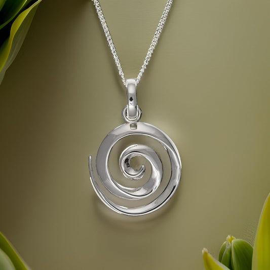 18MM Polished Plain Round SPIRAL Pendant Necklace On 16" Inch Curb Chain for Women Ladies Girls - 925 Sterling Silver