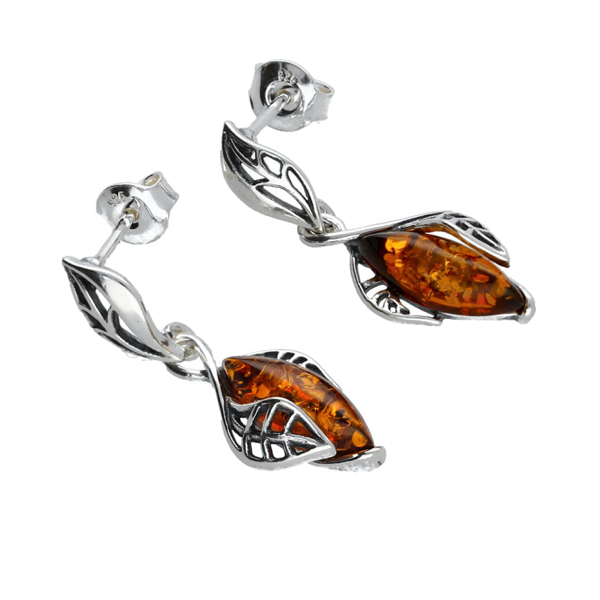 Amber Sterling Silver Earrings - Long Amber Fancy Dangly Drop Earrings - for Amber Jewellery Lovers 080057c