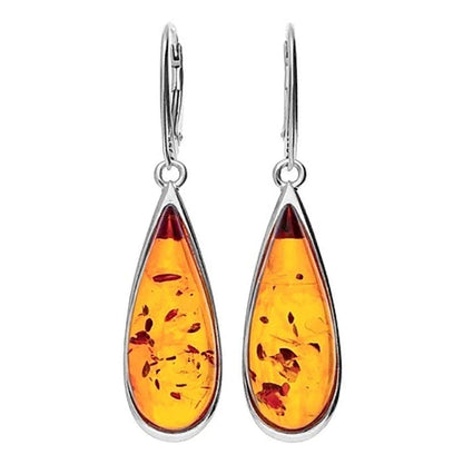 Large Amber Teardrop Dangly Drop Earrings for Women/Teenage/Girls - 925 Sterling Silver - Amber Jewellery