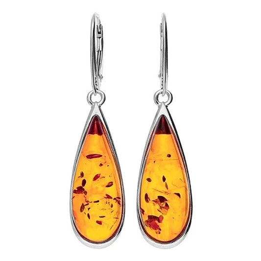 Large Amber Teardrop Dangly Drop Earrings for Women/Teenage/Girls - 925 Sterling Silver - Amber Jewellery