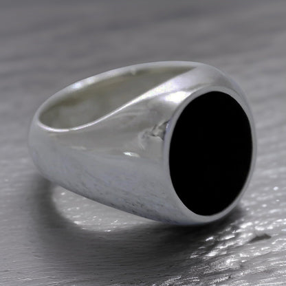 MENS Oval Black Onyx Signet Ring - 925 Sterling Silver - Sizes R-W Available