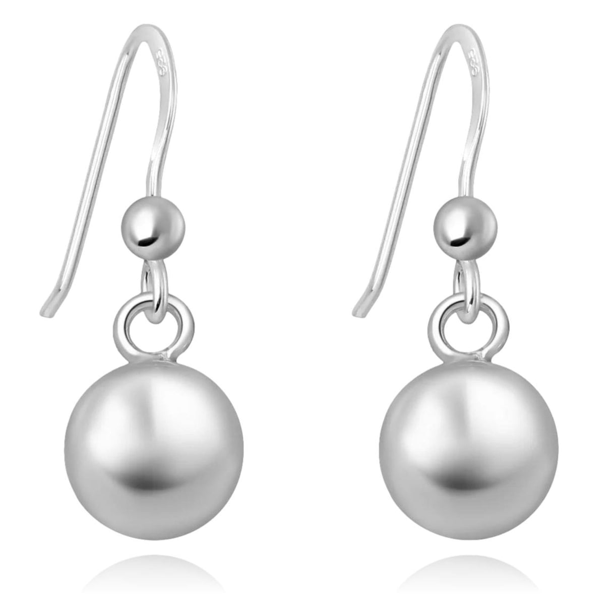 8mm Bead/Ball Drop Earrings for Women Girls - 925 Sterling Silver Dangly Drop Hook Earrings - Hypoallergenic Hanging Minimalist Dangle Earring