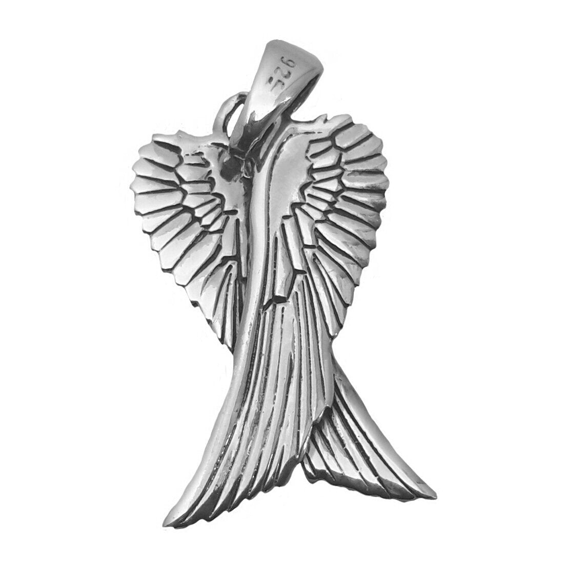 Guardian Angel Double Wing Silver Pendant Necklace (MEDIUM) for Women/Men/Unisex On 16, 18 or 20 Inch Chain - 925 Sterling Silver Size: 16mm W X 31mm H - Weight: 3.06 Grams