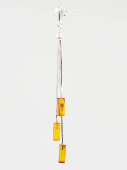 Triple Cognac Amber Tubes Long Fancy Dangly/Dangle Drop Silver Earrings for Women/Teenage/Girls - 925 Sterling Silver - Amber Jewellery - 9mm W X 64mm H - Weight: 3.22 Grams