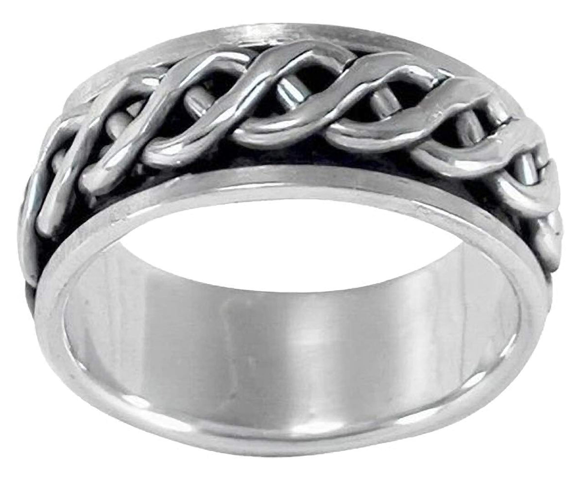 MENS 8MM Wide Celtic Infinity Knot Braid Sterling Silver Spinner/Spinning/Spin Band Ring - 925 Sterling Silver - Meditation Worry Stress Ring - Available in Sizes: R - Z+1