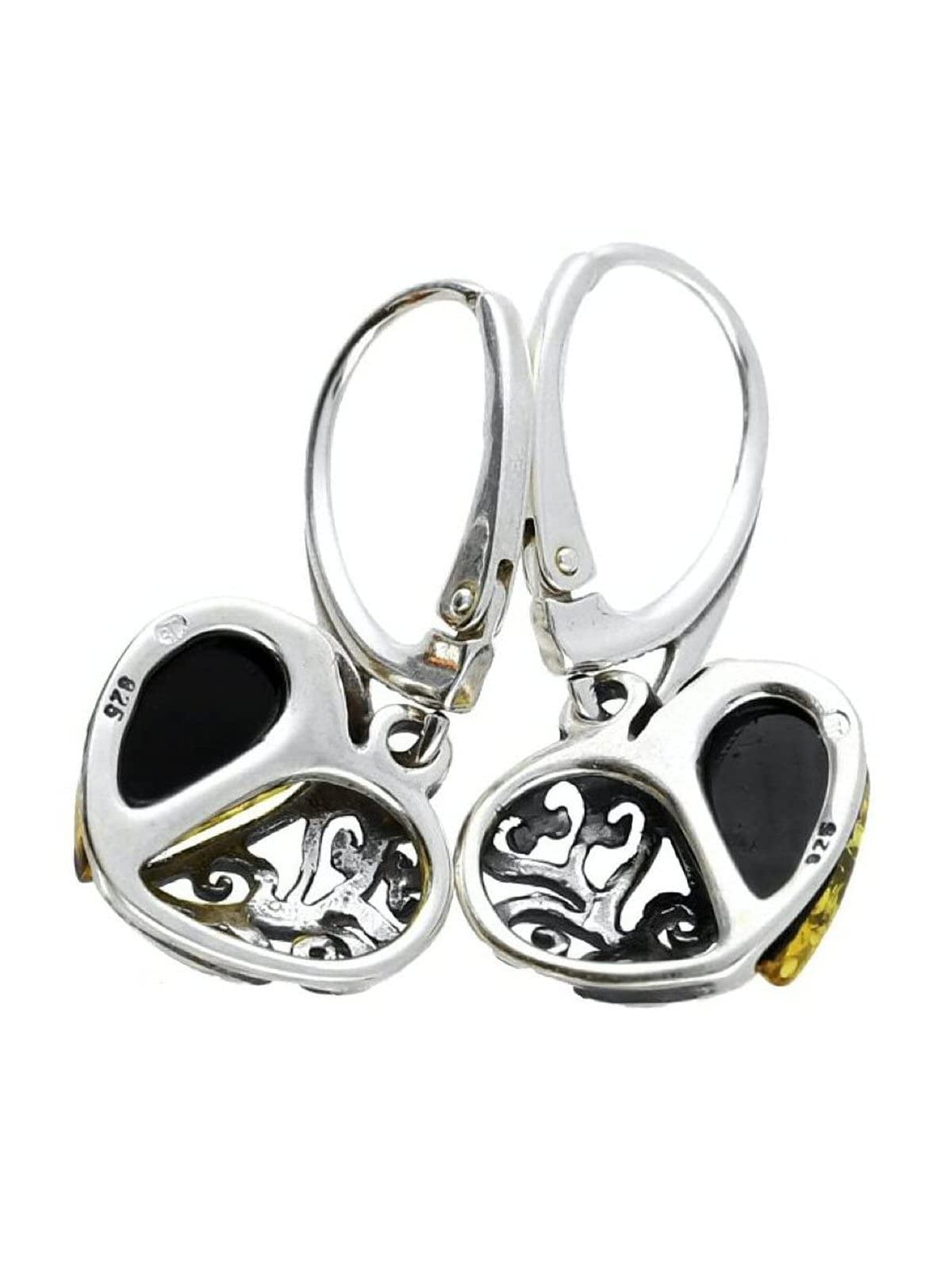 Filigree Heart Baltic Amber Lever Back 925 Sterling Silver Earrings for Women/Ladies/Girls 