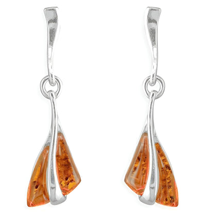 Cognac Amber Sterling Silver Earrings - Unusual Art Deco Amber Fancy Dangly/Dangle Drop for Women/Teenage/Girls - 925 Sterling Silver. 080432