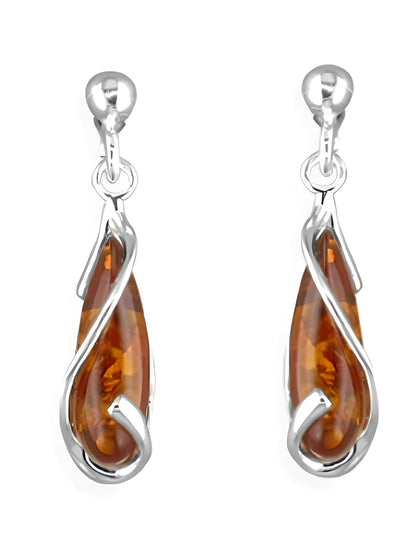 Looped Lozenge 925 Sterling Silver Amber Earrings for Women/Girls - Unusual Dangly/Dangling Sterling Silver Drop Earrings for Women - Ear Stud Baltic Amber Jewellery. 080467