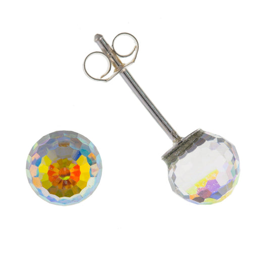 6MM Sparkly Clear Rainbow AURORA AB Diamond Cut Round Austrian Crystal Ball Stud Earrings/Ear Studs for Women/Teenage/Girls - 925 Sterling Silver