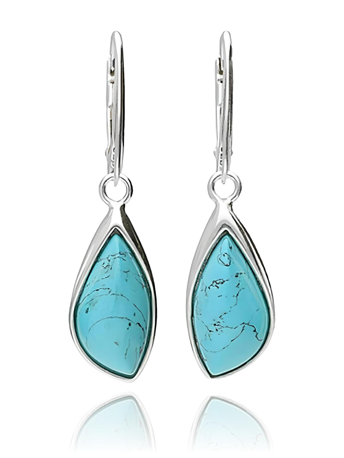 BLUE Turquoise Teardrop Sterling Silver Dangly/Dangle Drop Lever Back Earrings for Women Ladies Girls. 170130