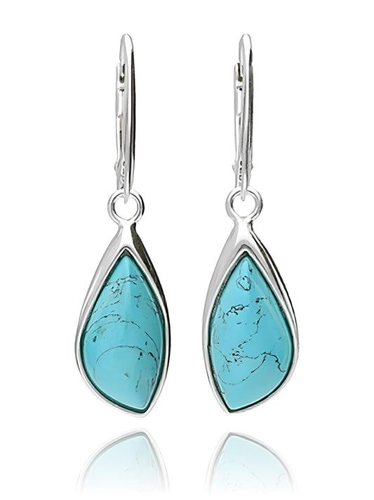 BLUE Turquoise Teardrop Sterling Silver Dangly/Dangle Drop Lever Back Earrings for Women Ladies Girls. 170130