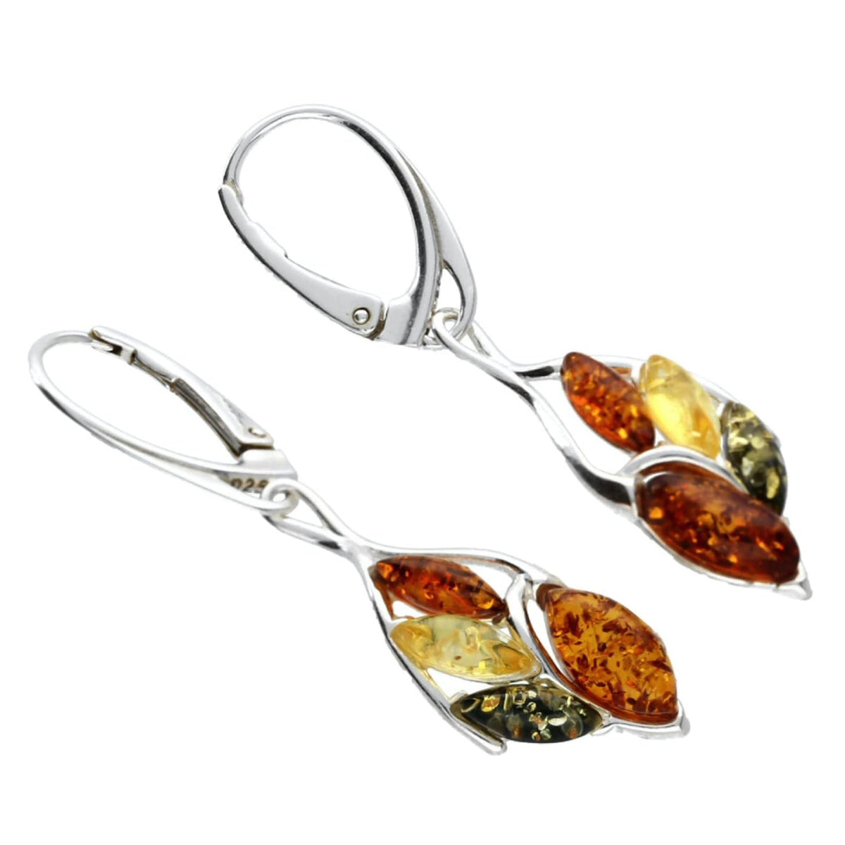 Warped Teardrop Mixed Baltic Amber Lever Back Fancy Dangly/Dangle Drop Silver Earrings for Women/Ladies/Girls - 925 Sterling Silver - Amber Jewellery for Women. 070238