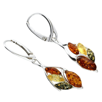 Warped Teardrop Mixed Baltic Amber Lever Back Fancy Dangly/Dangle Drop Silver Earrings for Women/Ladies/Girls - 925 Sterling Silver - Amber Jewellery for Women. 070238
