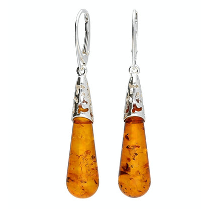 Amber Sterling Silver Earrings - Unusual Teardrop Amber Fancy Dangly Drop Earrings for Women - 925 Sterling Silver Jewellery. 070344A
