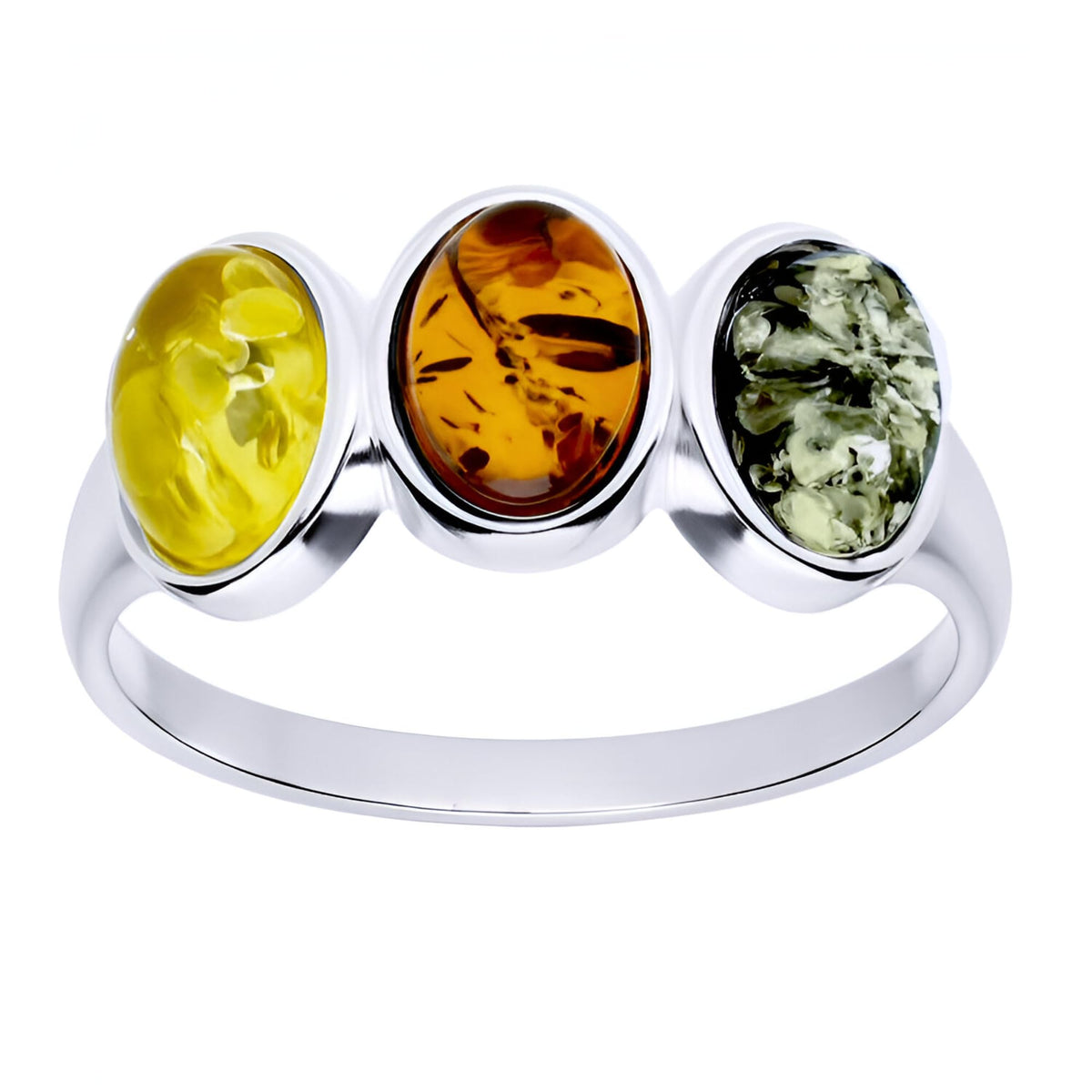 Tri-Colour Round 3-Stone Amber Sterling Silver Ring – Yellow, Green, Orange Amber Jewellery – Sizes L-R Available