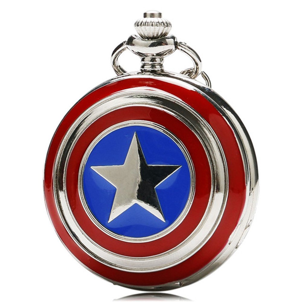 Captain America Shield Polished Silver Finish Retro/Vintage Case Men's Quartz Pocket Watch Necklace - On 32" Inch / 80cm Chain