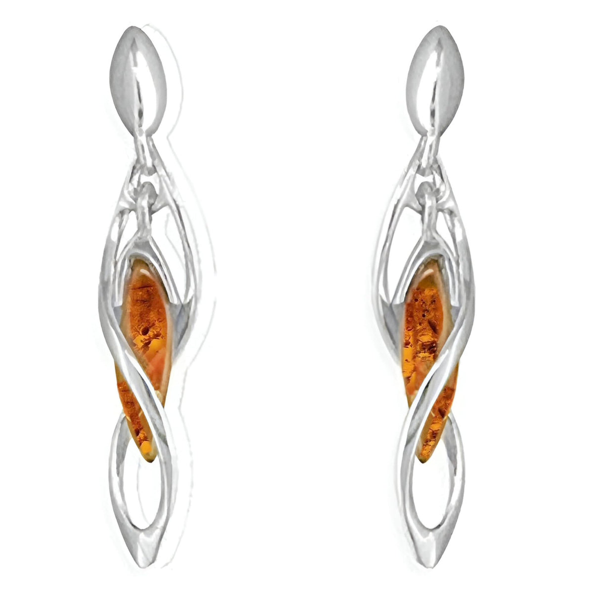 Cognac Amber In Twisted Helix Art Deco Fancy Dangly/Dangle Drop Silver Earrings for Women/Teenage/Girls - 925 Sterling Silver - 7mm W X 37mm H - Weight: 3.0 Grams. 080434