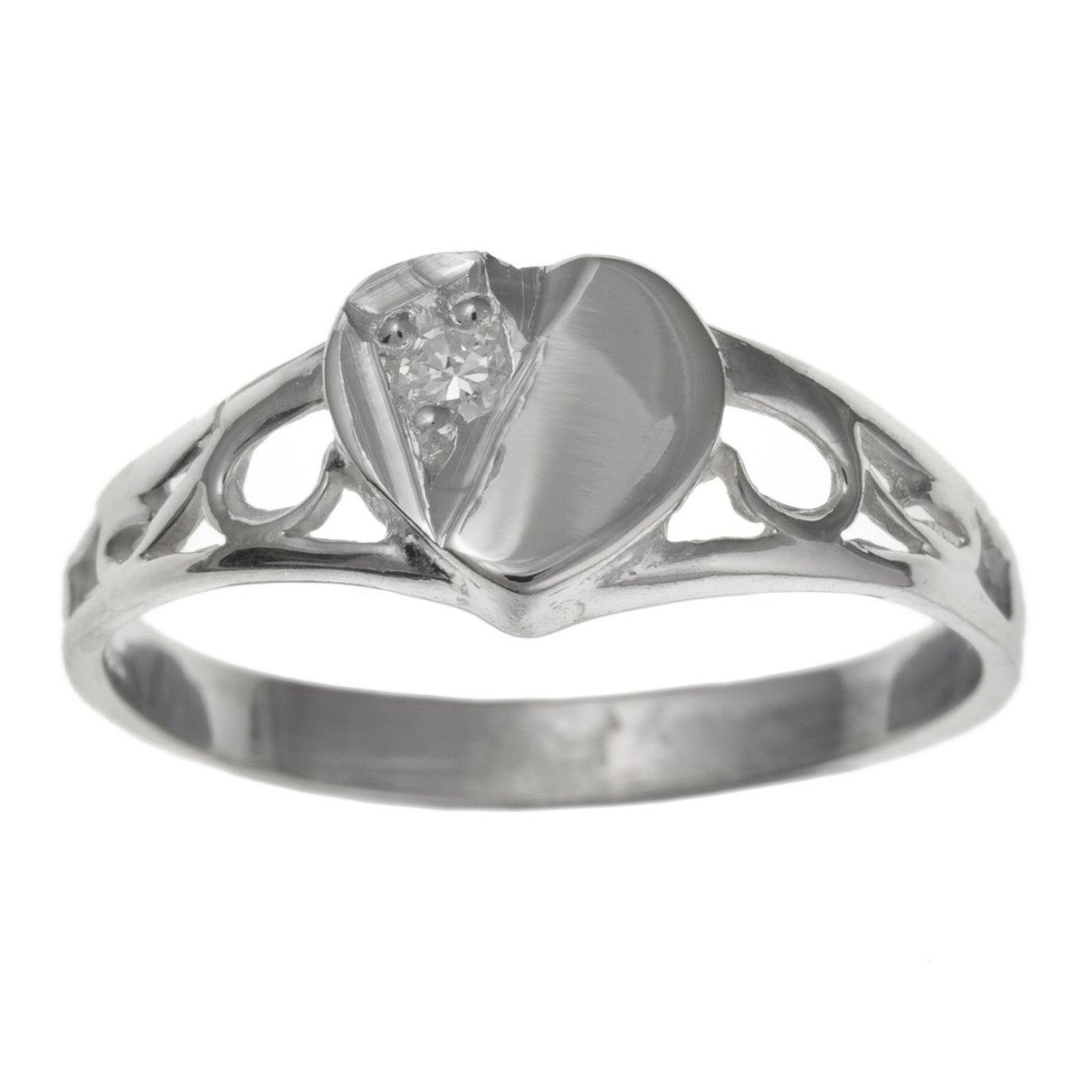 Childrens/Childs/Girls White/Clear Cubic Zirconia (CZ) Set Heart Sterling Silver Signet Ring With Cut-Out Shoulders - Engravable
