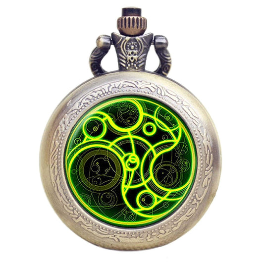 DR WHO Luminous Green Gallifrey Timelord Seal Bronze Effect Retro/Vintage Case Full Hunter Mens/Boys Quartz Pocket Watch Necklace - On 32" Inch / 80cm Chain