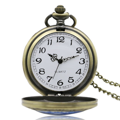 Blue Chinese Dragon with Ornate Border Bronze Effect Antiqued/Vintage Case Men's Quartz Pocket Watch Necklace - On 32" Inch / 80cm Chain
