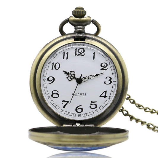 Blue Chinese Dragon with Ornate Border Bronze Effect Antiqued/Vintage Case Men's Quartz Pocket Watch Necklace - On 32" Inch / 80cm Chain