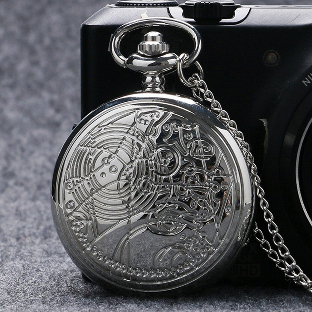 DR WHO Polished Silver Finish Retro/Vintage Case Full Hunter Mens/Boys Quartz Pocket Watch Necklace - On 32" inch / 80cm Chain