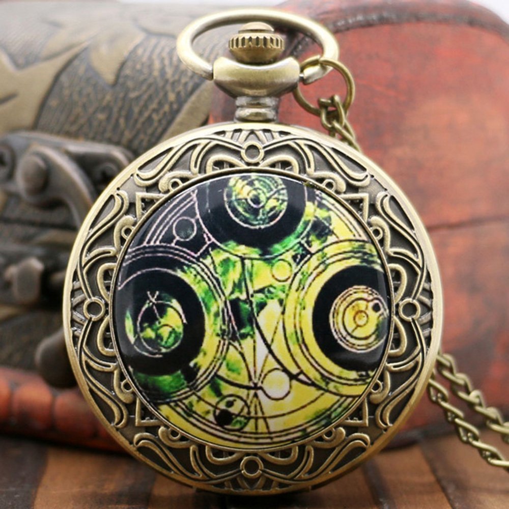DR WHO Green Gallifrey Timelord Seal Bronze Effect Retro/Vintage Case Full Hunter Mens/Boys Quartz Pocket Watch Necklace - On 32" Inch / 80cm Chain
