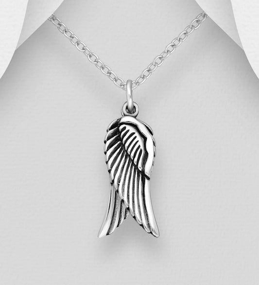 Guardian Angel Wing Silver Pendant Necklace (Small) for Women/Men/Unisex/Teenager/Girls/Boys On 16, 18 or 20 Inch Chain - 925 Sterling Silver Size: 8mm W X 26mm H - Weight: 2.10 Grams