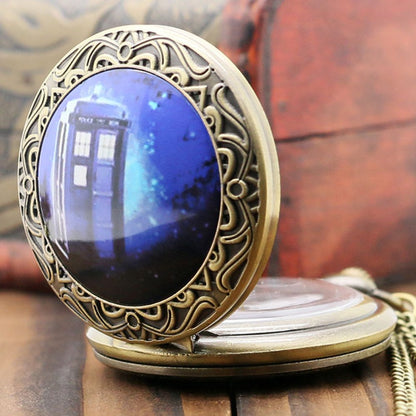 DR WHO Blue Tardis Bronze Effect Retro/Vintage Case Full Hunter Mens/Boys Quartz Pocket Watch Necklace - On 32" Inch / 80cm Chain