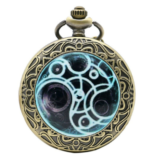 DR WHO Luminous Blue Gallifrey Timelord Seal Bronze Effect Retro/Vintage Case Full Hunter Mens/Boys Quartz Pocket Watch Necklace - On 32" Inch / 80cm Chain