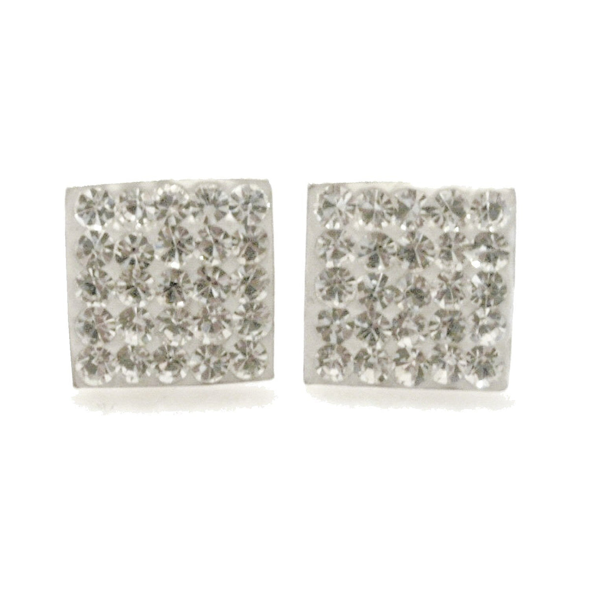 10MM Bling MENS LARGE Square Micro Pave Austrian Crystal Sterling Silver Stud Earrings - White/Clear