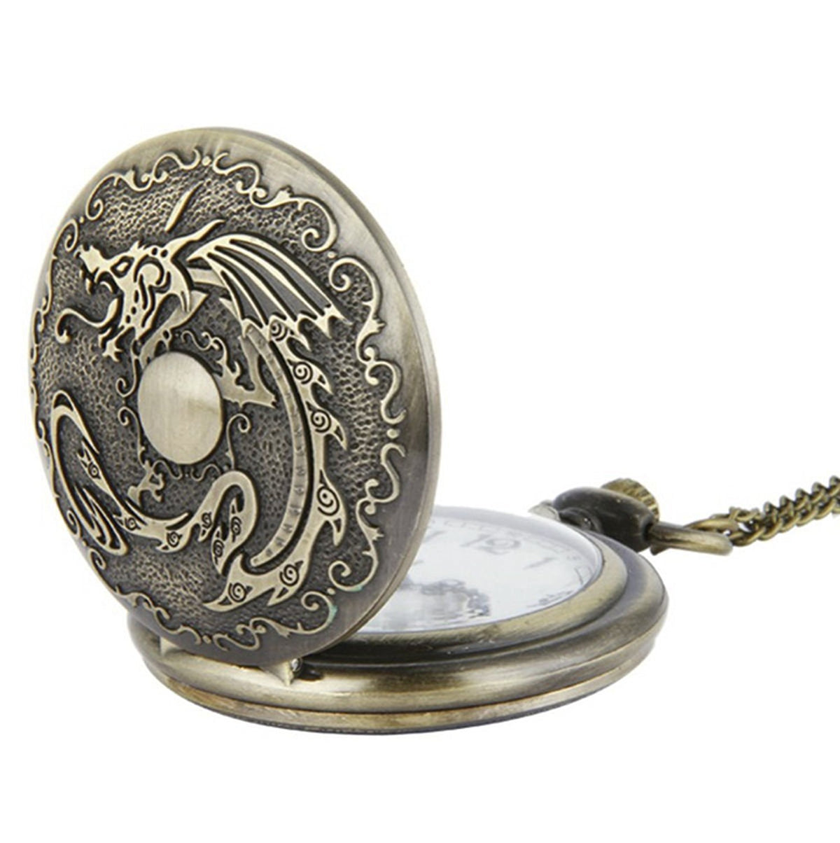 Chinese Dragon Themed Bronze Effect Unisex Quartz Pocket Watch Necklace - On 32" Inch / 80 