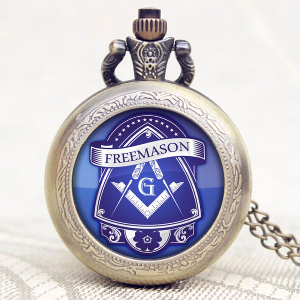Freemasons Masonic Blue Coat of Arms Antique Bronze Effect Retro/Vintage Case Men's Quartz Pocket Watch Necklace - On 32" Inch / 80cm Chain