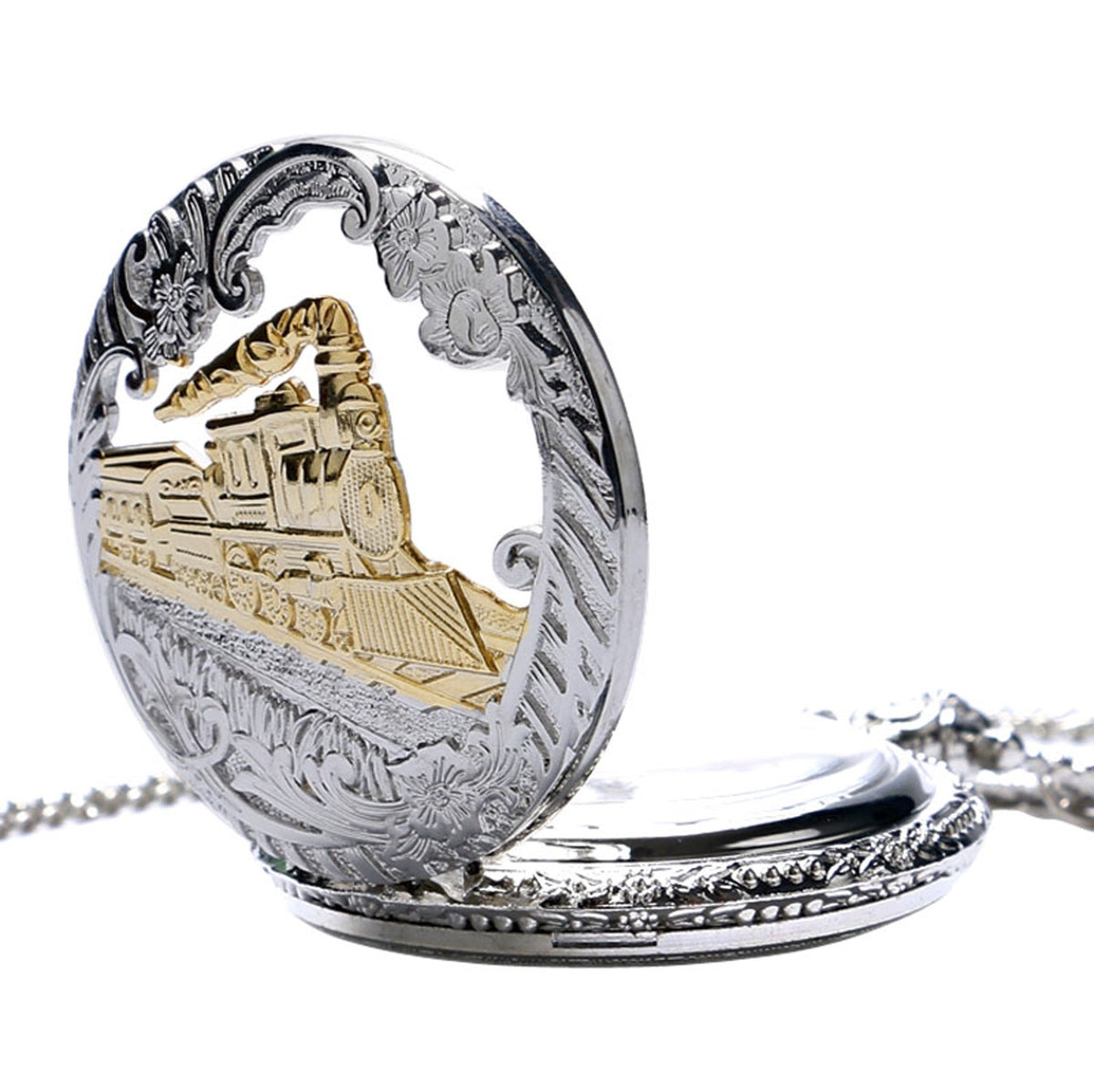 Gold Tone STEAM Train/Locomotive Engine with Ornate Border3D Polished Silver Finish Antiqued/Vintage Case Men's Quartz Pocket Watch Necklace - On 32" Inch / 80cm Chain