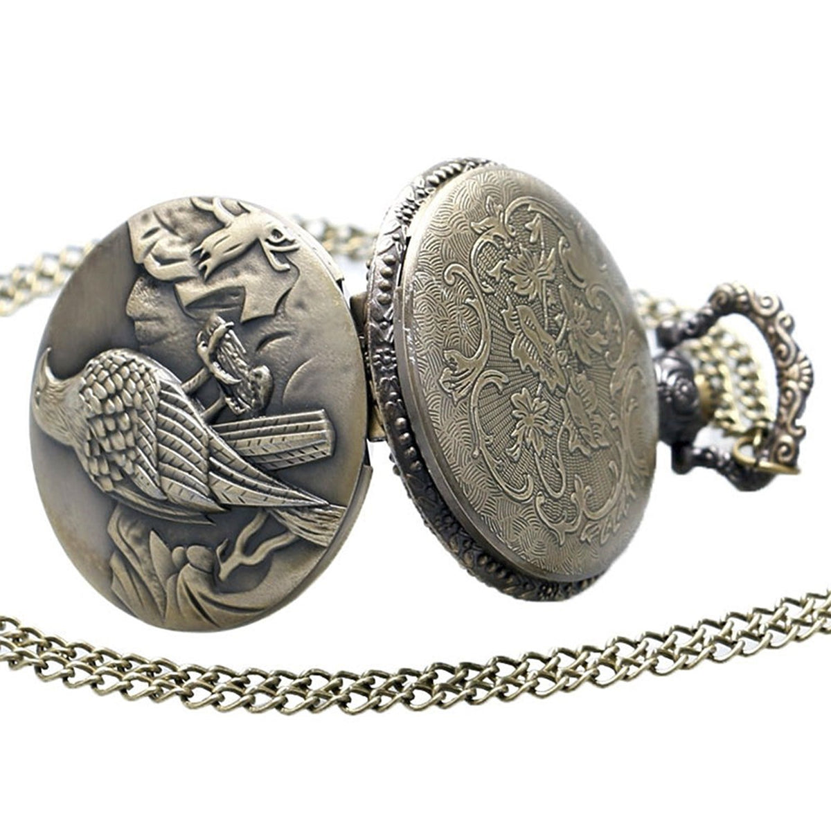 Bird Themed Quartz Pocket Watch Necklace - On 32" Inch / 80cm Chain 