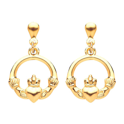 24MM 9ct Yellow Gold Irish Celtic Claddagh Hoop Drop/Dangly Stud Earrings for Women - 9ct Yellow Gold - 0.52 Grams