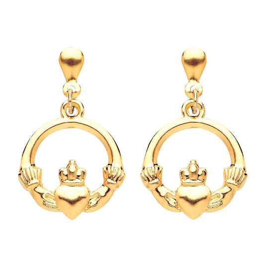 24MM 9ct Yellow Gold Irish Celtic Claddagh Hoop Drop/Dangly Stud Earrings for Women - 9ct Yellow Gold - 0.52 Grams