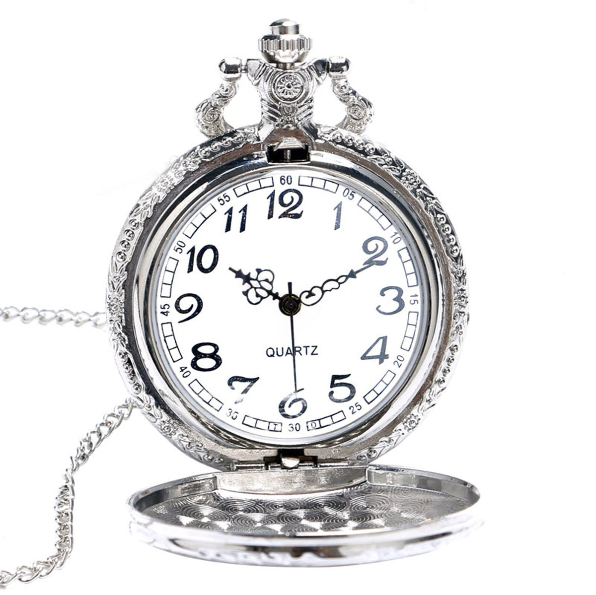 Gold Tone STEAM Train/Locomotive Engine with Ornate Border3D Polished Silver Finish Antiqued/Vintage Case Men's Quartz Pocket Watch Necklace - On 32" Inch / 80cm Chain