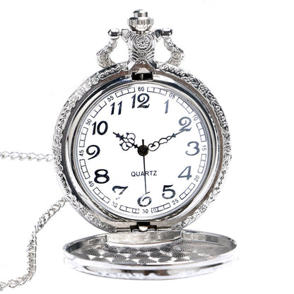 Gold Tone STEAM Train/Locomotive Engine with Ornate Border3D Polished Silver Finish Antiqued/Vintage Case Men's Quartz Pocket Watch Necklace - On 32" Inch / 80cm Chain