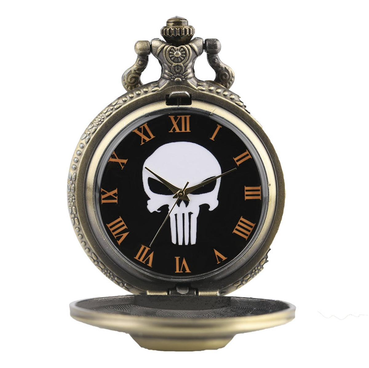 Skull Themed 3D Brushed Bronze Effect Quartz Pocket Watch Necklace - On 32" Inch / 80cm Chain