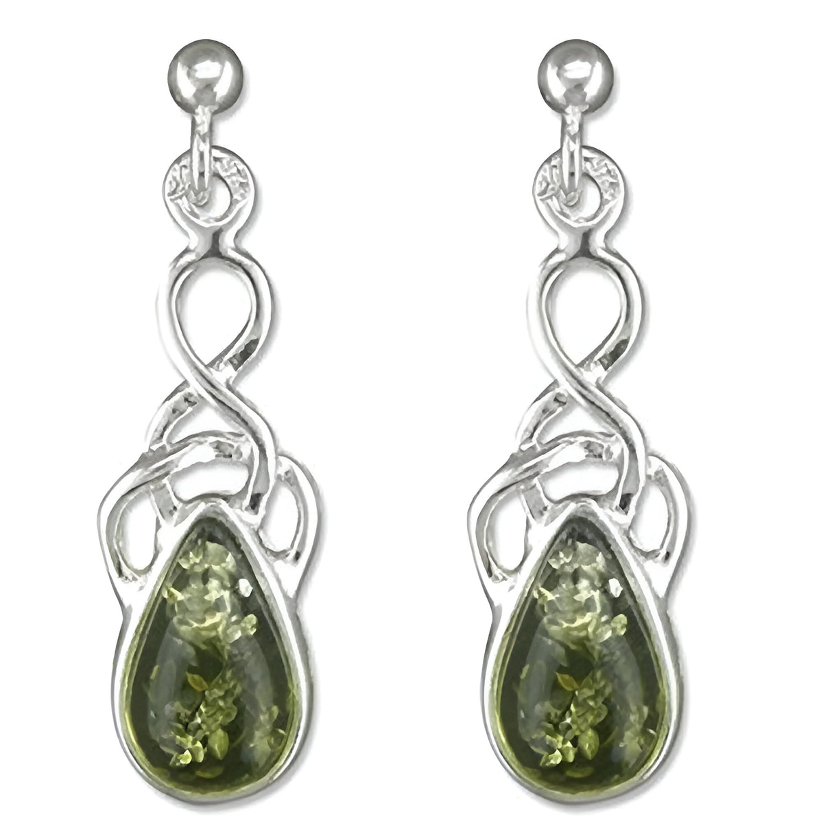 Amber Sterling Silver Earrings - Celtic Green Amber Fancy Dangly Drop Earrings for Women - 925 Sterling Silver. 080468
