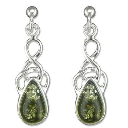 Amber Sterling Silver Earrings - Celtic Green Amber Fancy Dangly Drop Earrings for Women - 925 Sterling Silver. 080468