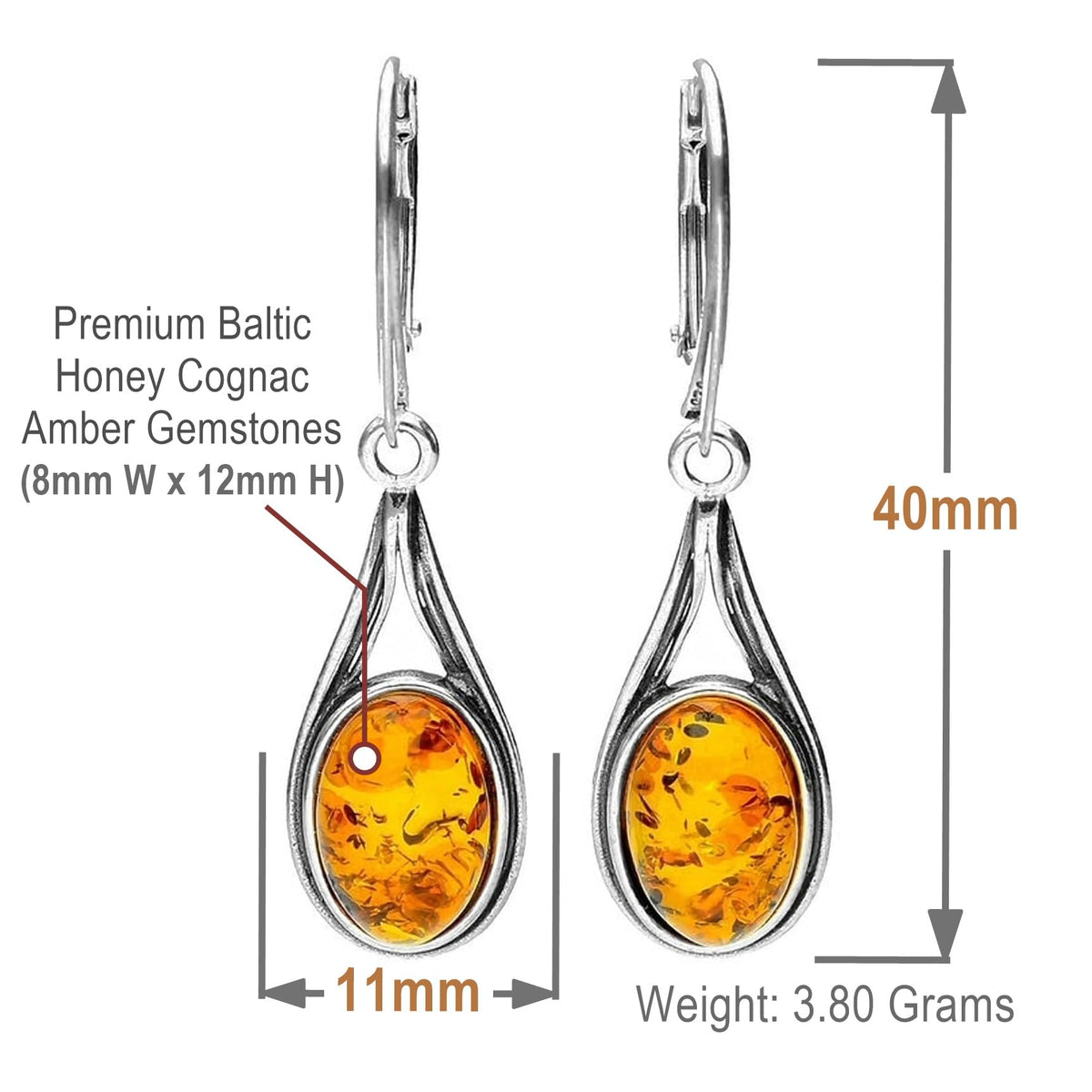 Teardrop Cabochon Cut Baltic Honey Amber Lever Back Sterling Silver Earrings for Women/Girls - Dangly/Dangle Drop Earrings - Amber Jewellery. 070403