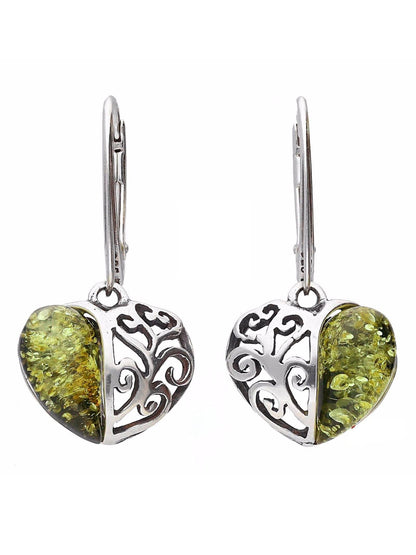 Filigree Heart Baltic Amber Lever Back 925 Sterling Silver Earrings for Women/Ladies/Girls 