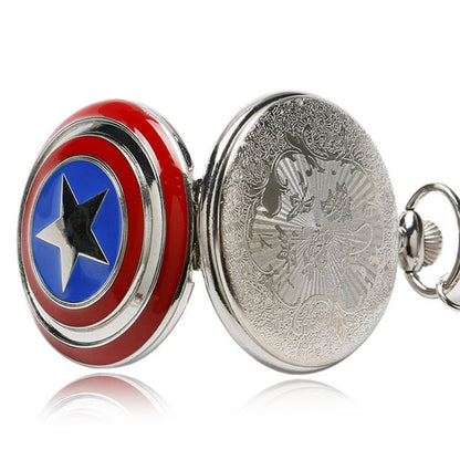 Captain America Shield Polished Silver Finish Retro/Vintage Case Men's Quartz Pocket Watch Necklace - On 32" Inch / 80cm Chain